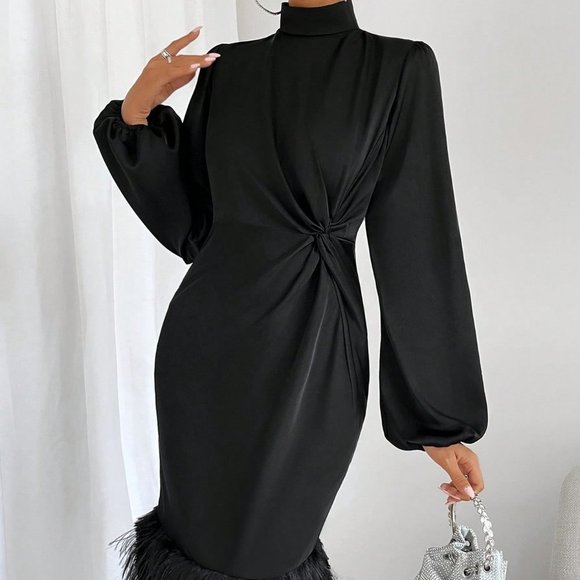 . Dresses & Skirts - Black Preppy Womens Twist Front Fuzzy Trim Lantern Sleeve Dress